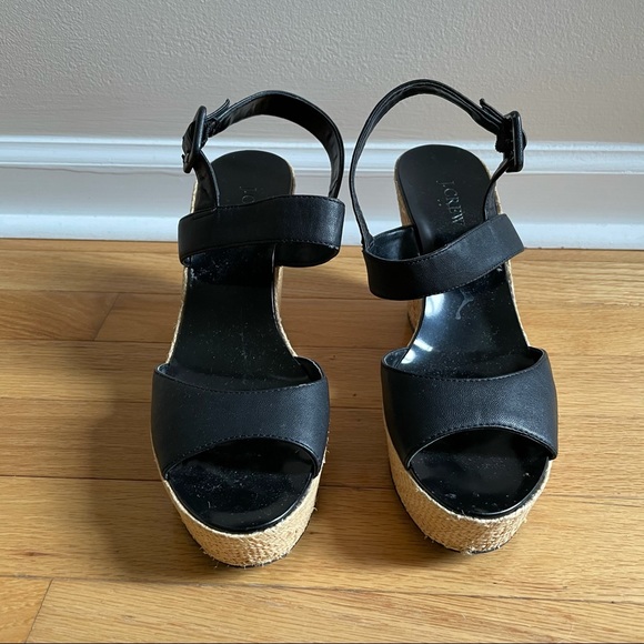 J. Crew Leather Raffia Platform Wedge Sandals 8 Bl - Picture 2 of 6